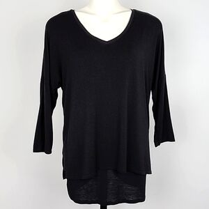 Tribal Women's Black Long Sleeve Dual Layered V Neck Top Long Line Stretch Sz M